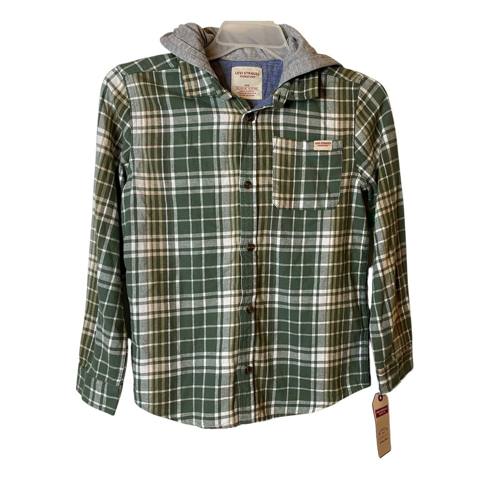 Levi Strauss Signature Boys Green Plaid Hooded Flannel Shirt NWT Size 14/16 L